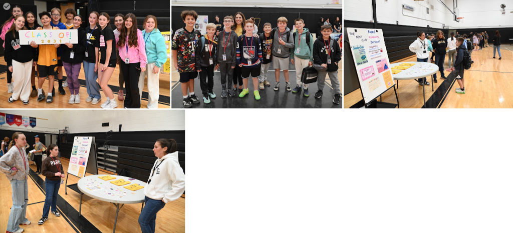 A collage of four photos shows students and staff gathered in a gymnasium with informational displays and tables.